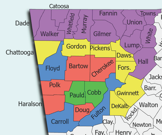 Map of Cherokee County, Georgia, showing its neighborhoods in different colors.