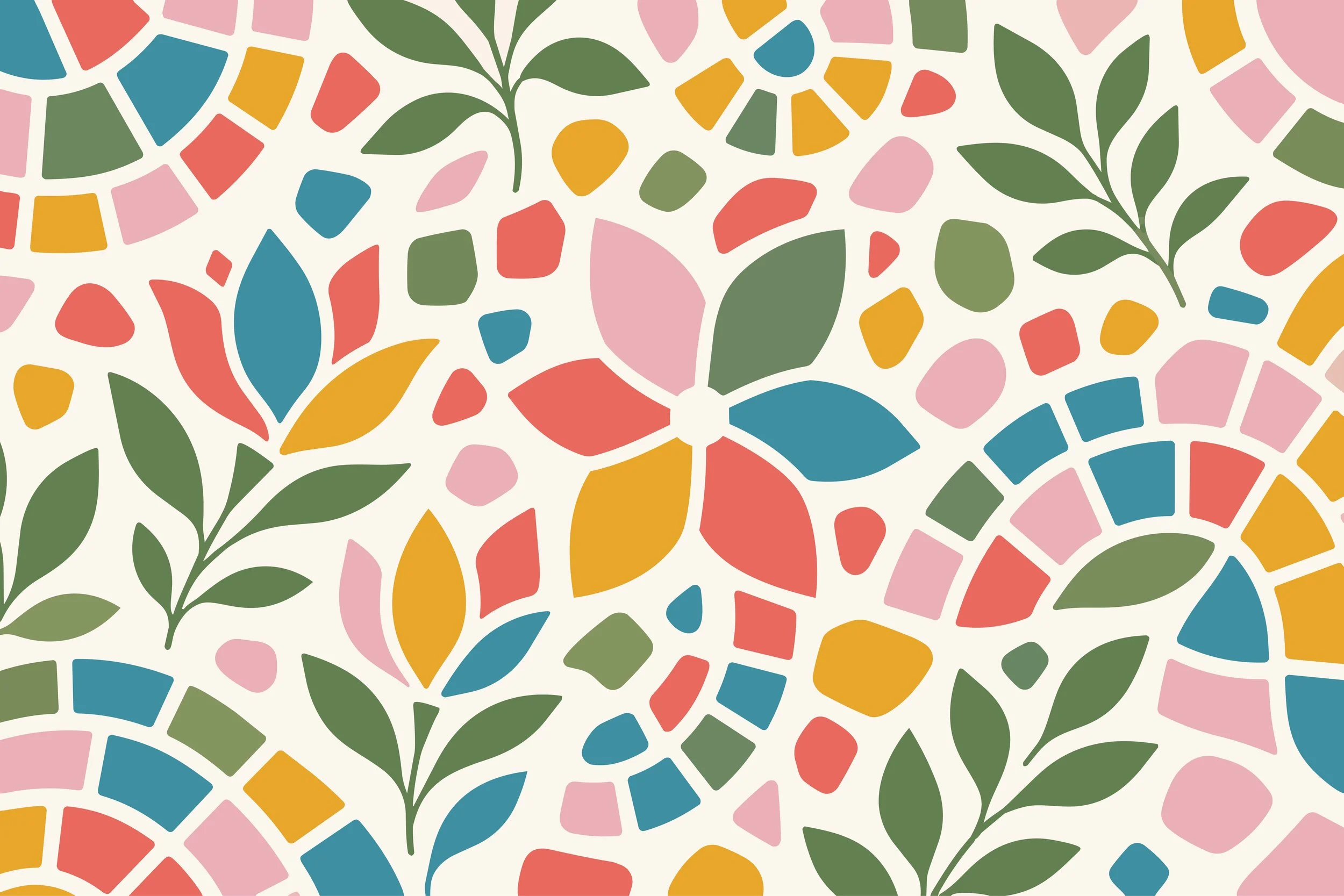 Colorful mosaic pattern with floral and leaf designs in pink, blue, yellow, green, and coral on a cream background.