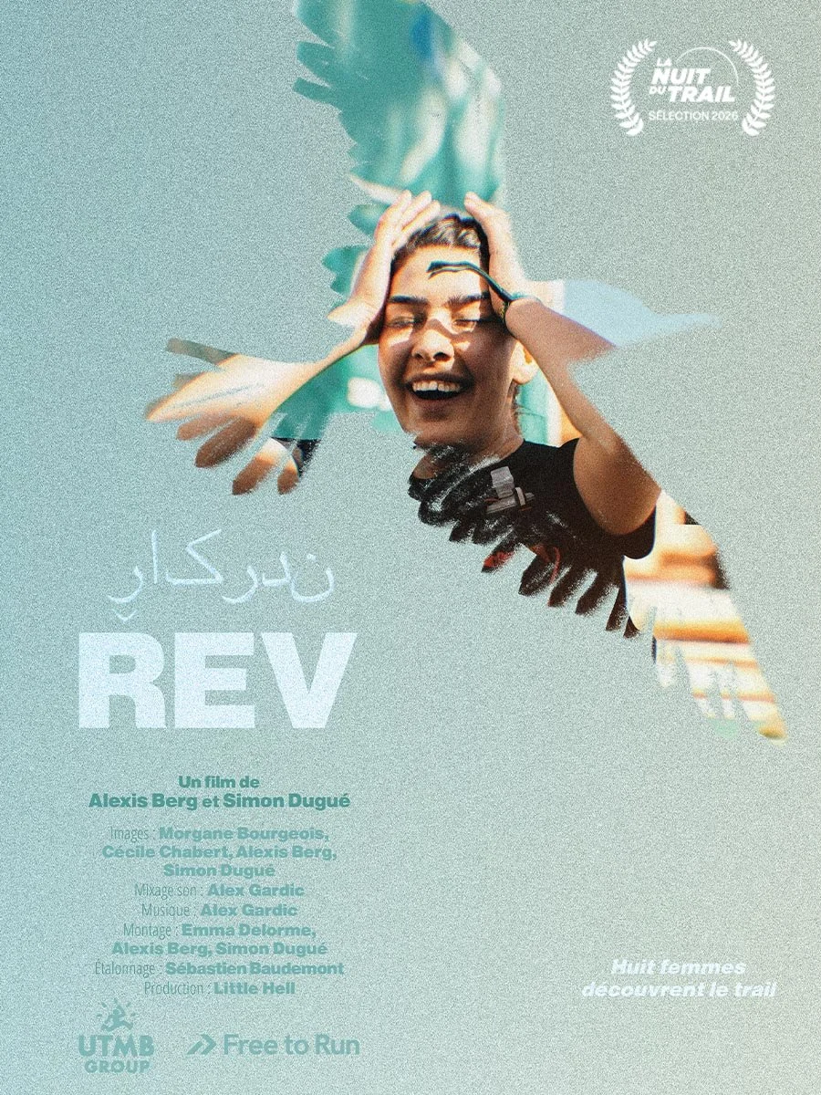 Affiche du film de trail « REV », montrant une traileuse souriante en plein effort, avec le slogan « Nuit du trail – Sélection 2026 ».