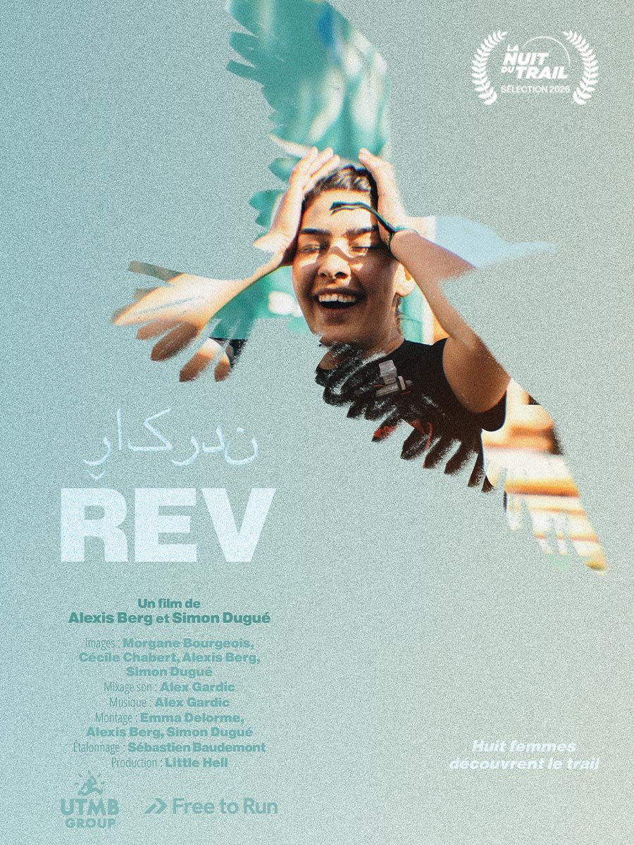 Affiche du film de trail « REV », montrant une coureuse souriante en plein effort, avec le slogan « NUIT DU TRAIL – Sélection 2026 ».