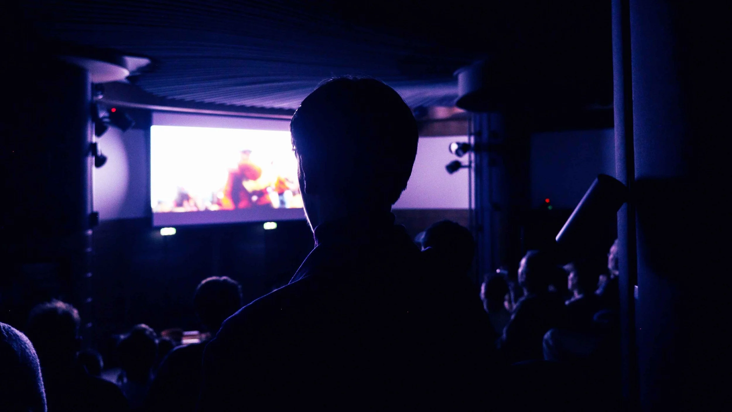Public assistant à une projection lumineuse dans une salle sombre, avec des silhouettes au premier plan (événement La Nuit du Trail).