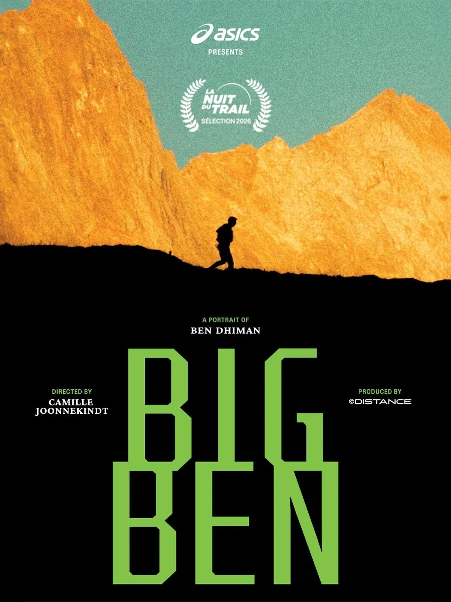 Affiche du film documentaire « Big Ben », présenté par ASICS à la Nuit du Trail, montrant un coureur en silhouette devant des montagnes orange.