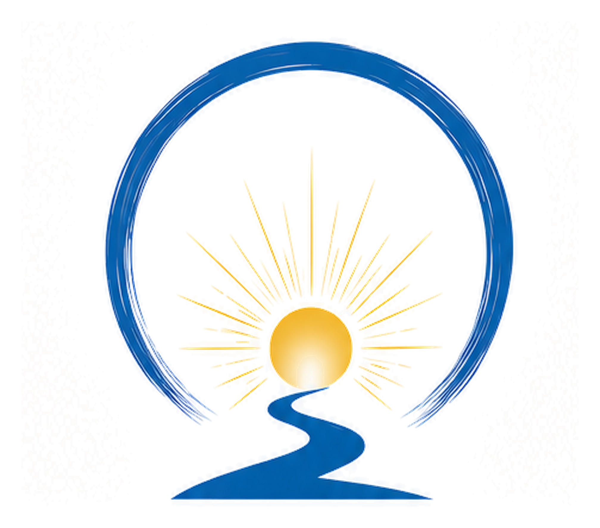 Helping People Reconnect symbol featuring an open blue circle, a golden sunburst, and a blue path leading inward.