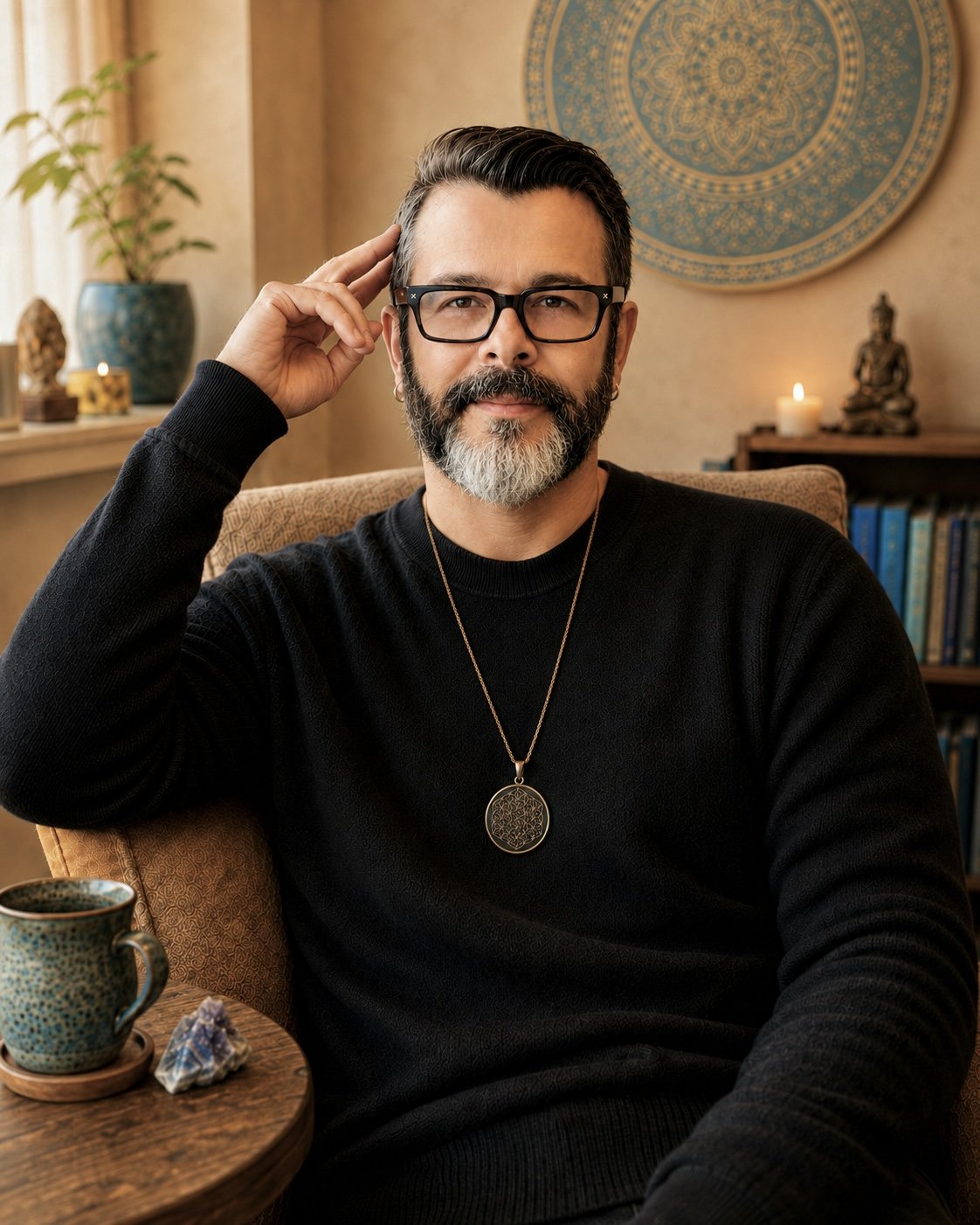 Portrait of Jayson Derwin seated in a warm, contemplative room.