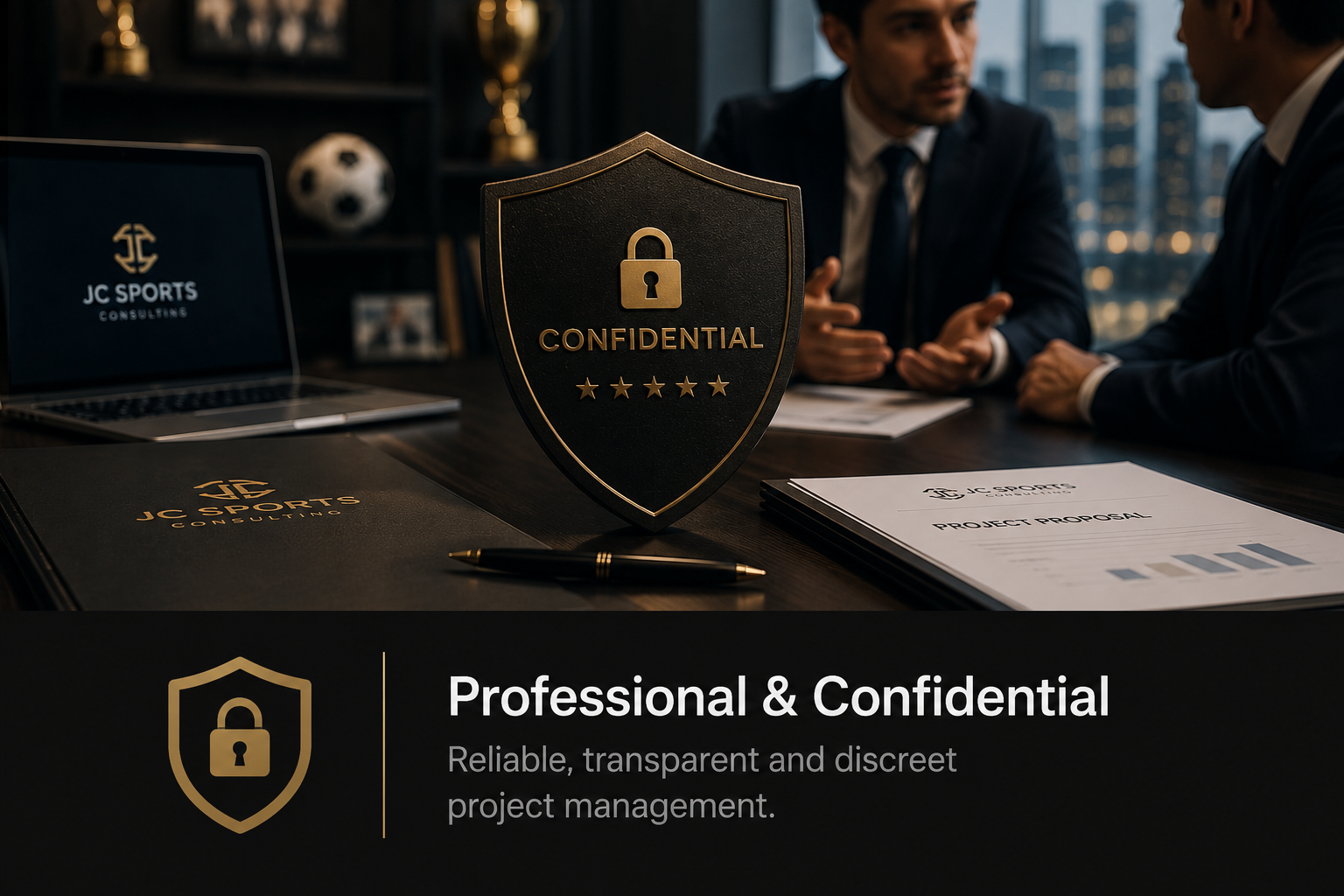 A professional office setting with two men in suits sitting at a desk having a conversation. On the desk, there are documents, a pen, a laptop displaying 'JC SPORTS CONSULTING', and a large shield-shaped sign that reads 'CONFIDENTIAL' with a lock icon and five stars. The background includes trophies, a soccer ball, and cityscape windows.