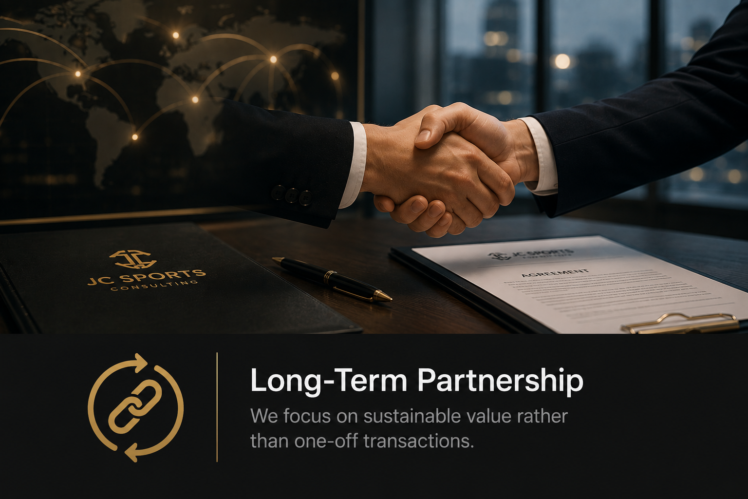 Two people in business suits shaking hands over a table with a document labeled 'Agreement' and a folder with 'JC Sports Consulting' on it, in front of a world map background with digital connections. Text overlay says 'Long-Term Partnership' and 'We focus on sustainable value rather than one-off transactions.'