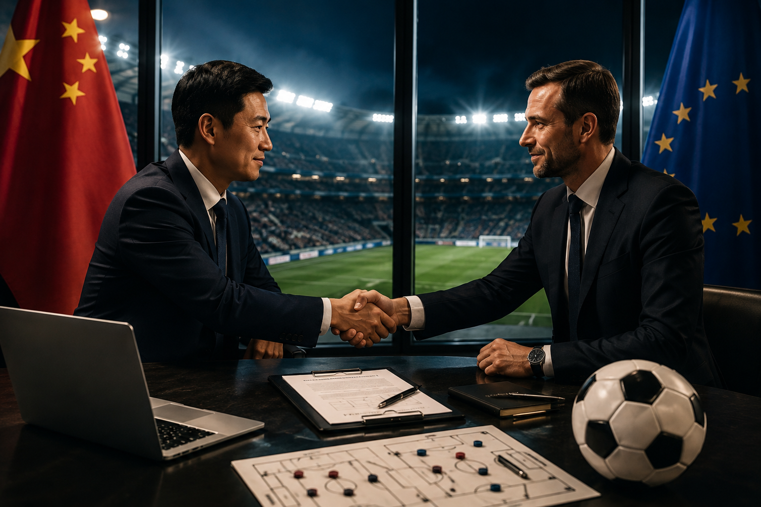 Two men in suits shaking hands in a sports office with flags of China and the European Union behind them, a soccer field visible through large windows, a laptop, soccer tactics diagram, notebook, soccer ball, and a pen on the desk.