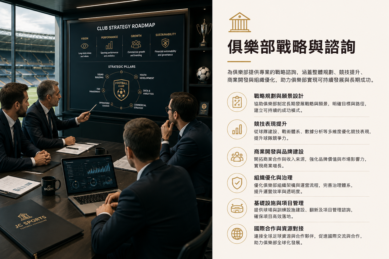 Business team meeting in a conference room, discussing club strategy roadmap displayed on a screen, with text in Chinese outlining strategy plans including vision, performance, growth, and sustainability.