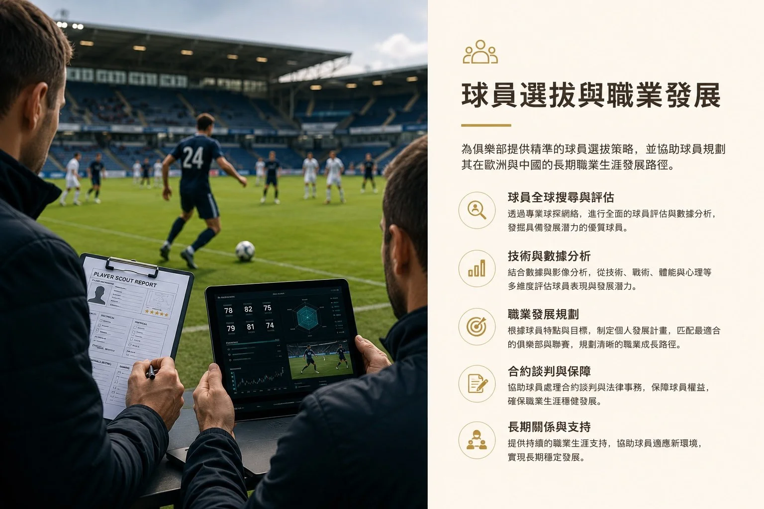 Information panel with Chinese text about player selection and career development, and a photograph of two men analyzing a soccer match on a tablet and clipboard at a soccer stadium.