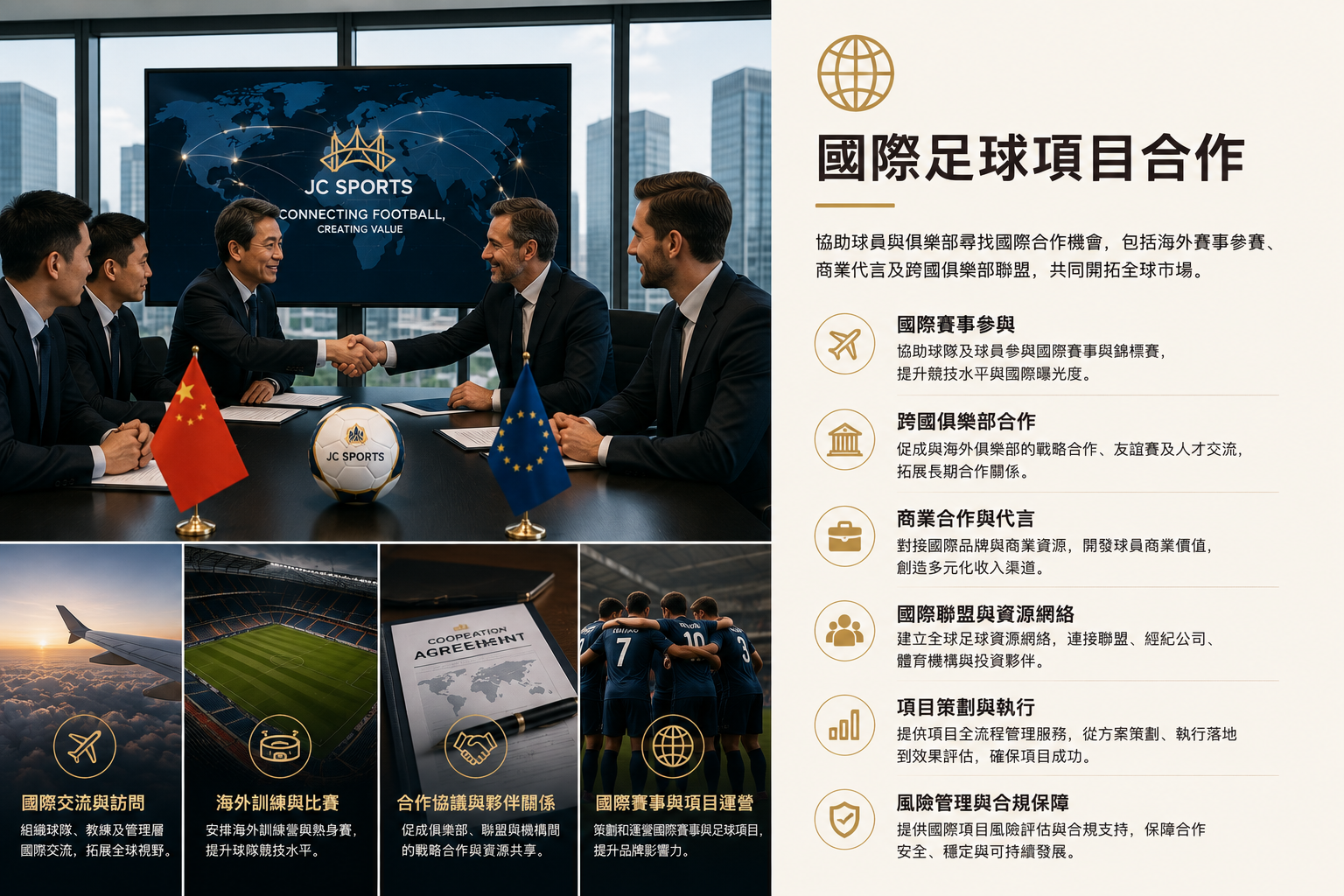 Business meeting with five men in suits shaking hands, with flags of China and the European Union on the table, in a modern office with a city skyline in the background. Additional images show an airplane, a football stadium, a cooperation agreement document, and a soccer team, with text in Chinese describing international sports collaboration.