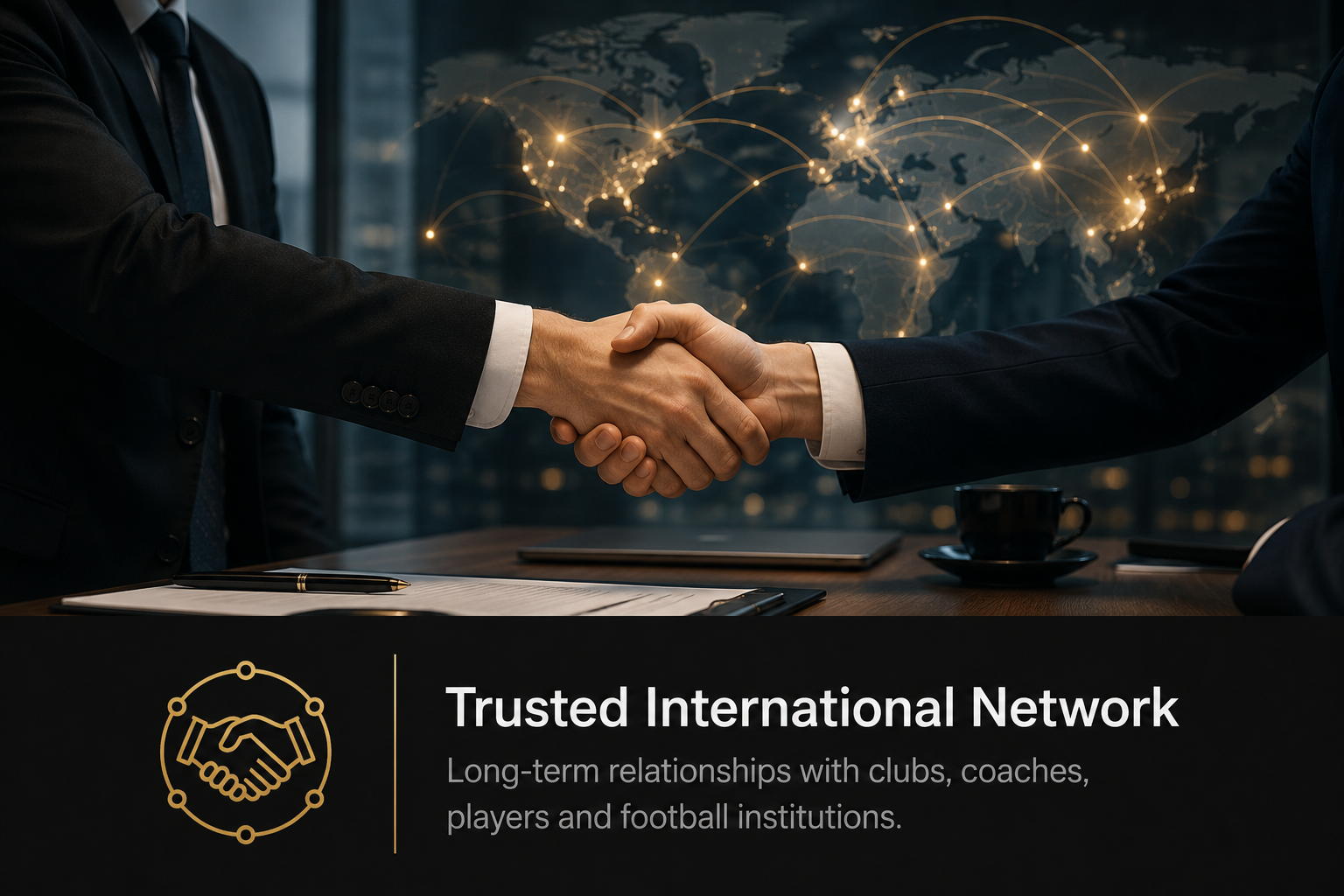 Close-up of two people in business suits shaking hands in an office with a world map and digital network overlay in the background. The overlay shows glowing points connected by lines across the globe. Text on the image reads: "Trusted International Network" and mentions long-term relationships with clubs, coaches, players, and football institutions.