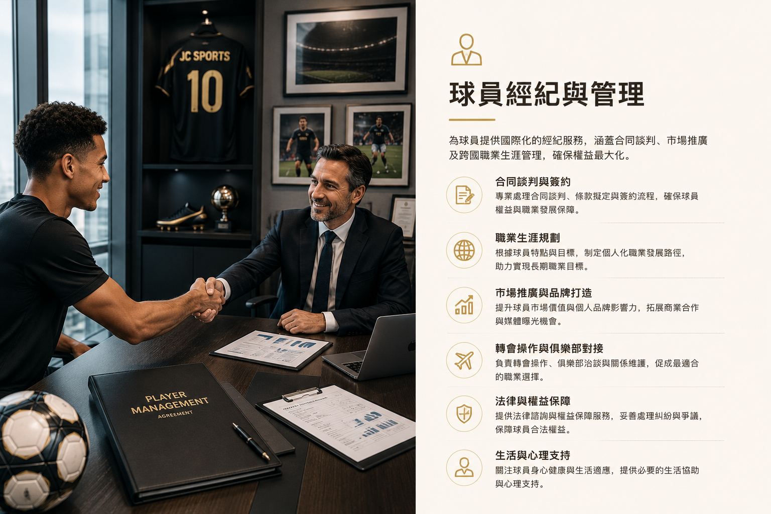 Two men shaking hands across a table in an office, with sports memorabilia and photographs of soccer players in the background, and a document titled 'Player Management Agreement' on the table.