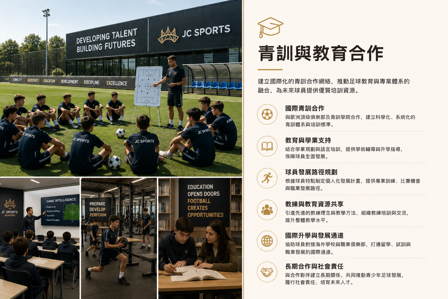Image of a soccer coach instructing a group of young soccer players during training on a soccer field, with additional images of a classroom and a library, accompanied by Chinese text and icons discussing youth training and educational collaboration.
