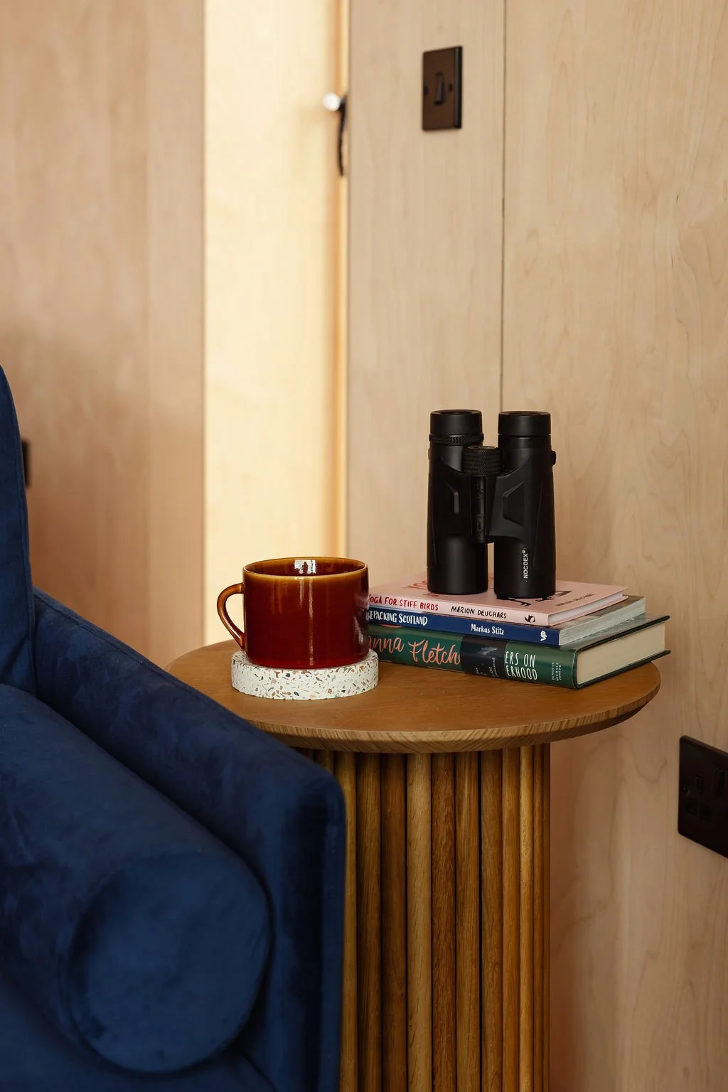 Side table with books and binoculars. 