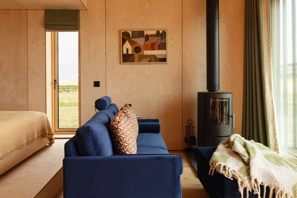 A cosy living space with a navy sofa, log burner and timber walls.