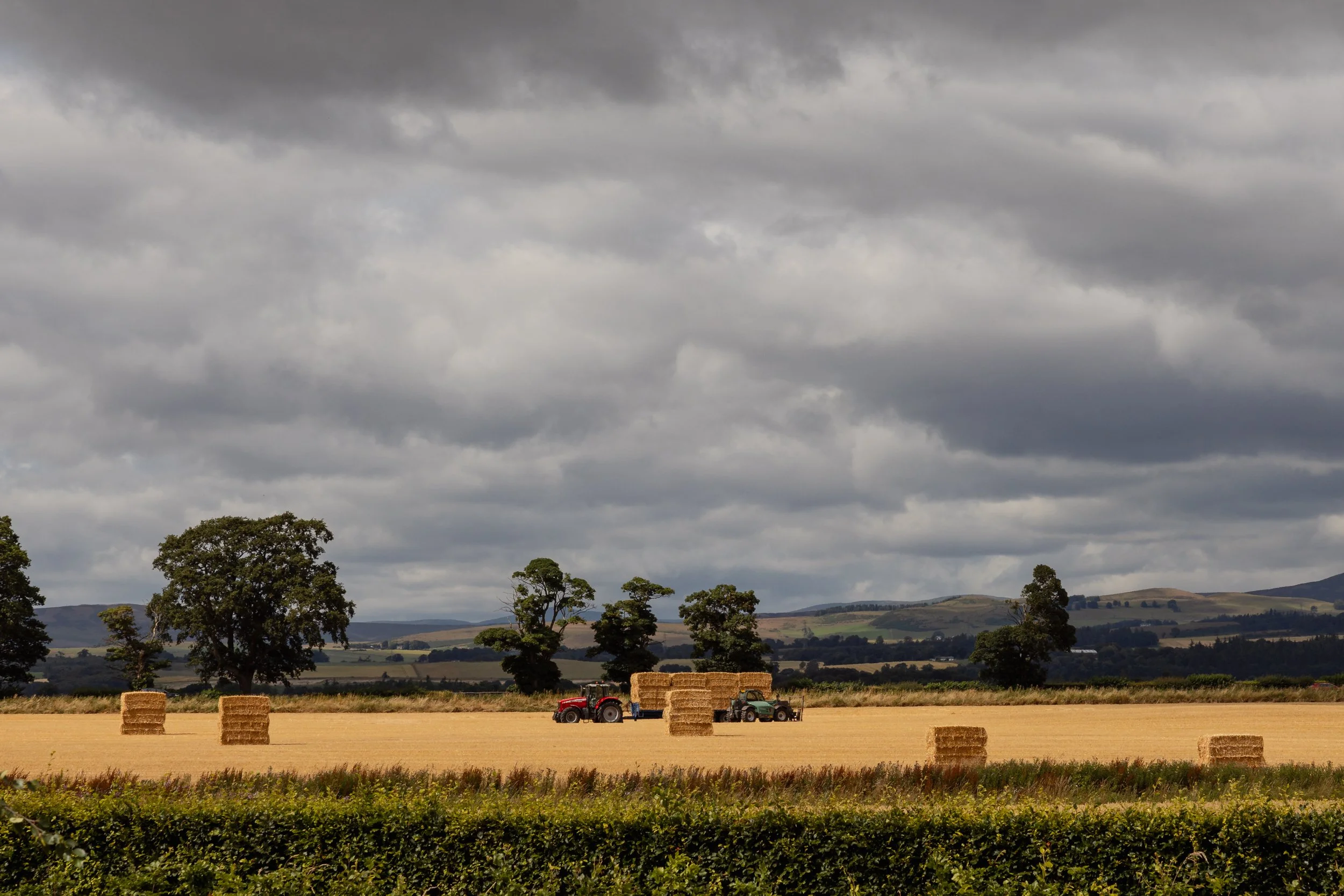 A rural landscape with hay bales, tractors, trees, rolling hills, and dark cloudy sky.