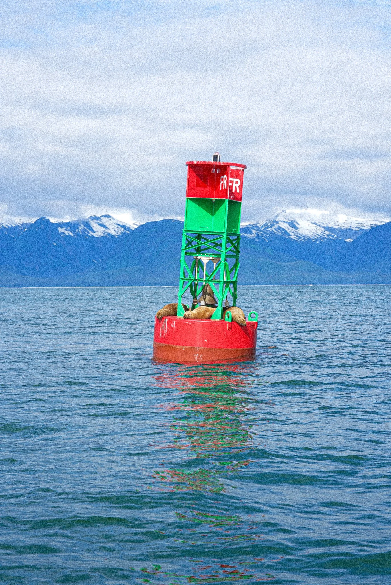 A red and green navigation buoy in water with mountains and cloudy sky in the background. Seals. Alaska