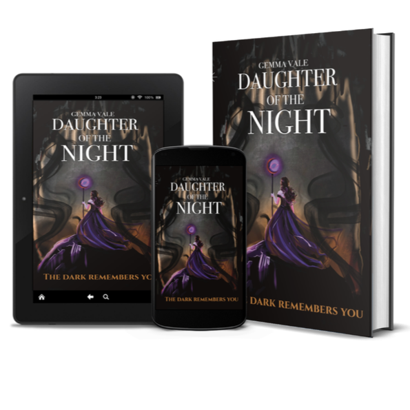 Displays a book titled "Daughter of the Night" by Gemma Vale in print, e-book, and audiobook formats.