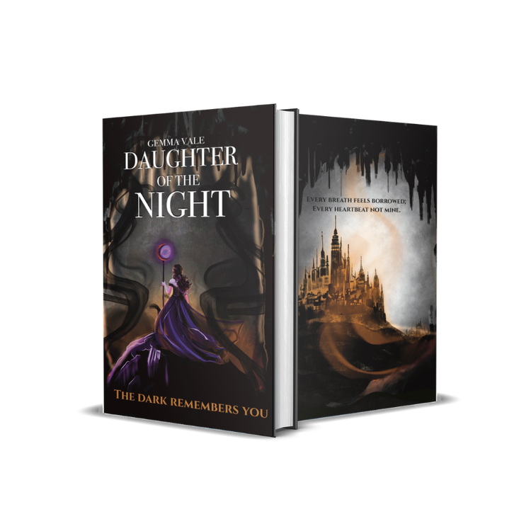 A 3D render of a book titled 'Daughter of the Night' by Gemma Vale, with a dark fantasy cover featuring a woman in a purple dress holding a glowing staff, and a castle in the background with dark trees and a cloudy sky.