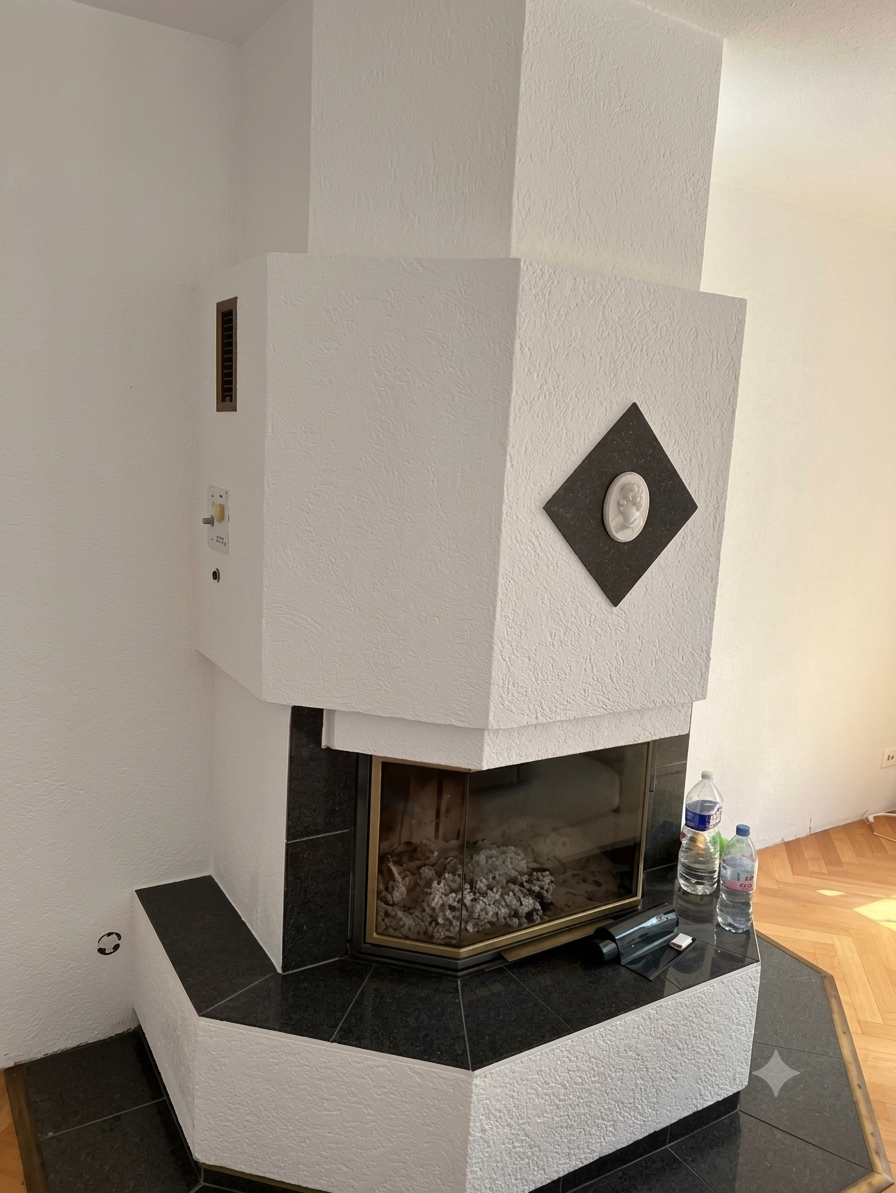 Cheminée blanche avec une décoration en relief et deux bouteilles d'eau à côté.