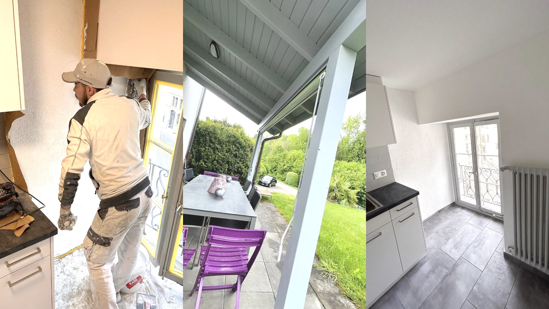 Transition entre une pièce en travaux avec un ouvrier, et une pièce rénovée avec cuisine moderne, vue sur un balcon extérieur verdoyant.