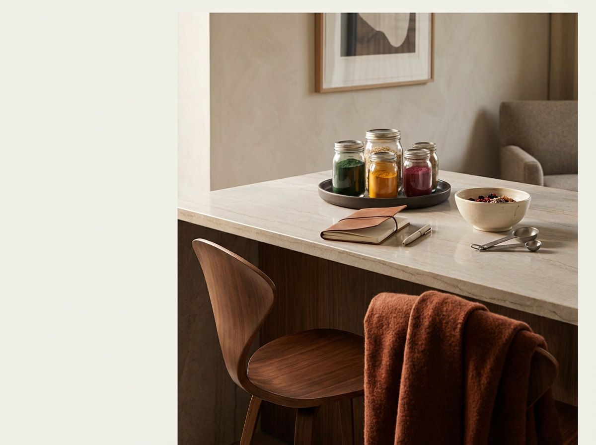 A kitchen island countertop with a tray of four jars containing colorful powders, a notebook, pen, bowl of berries, and metal scoops, with a wooden chair and beige wall in the background.