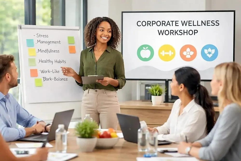 A woman leading a corporate wellness workshop with a presentation screen and a whiteboard, explaining stress management, mindfulness, healthy habits, and work-life balance to a group of employees.