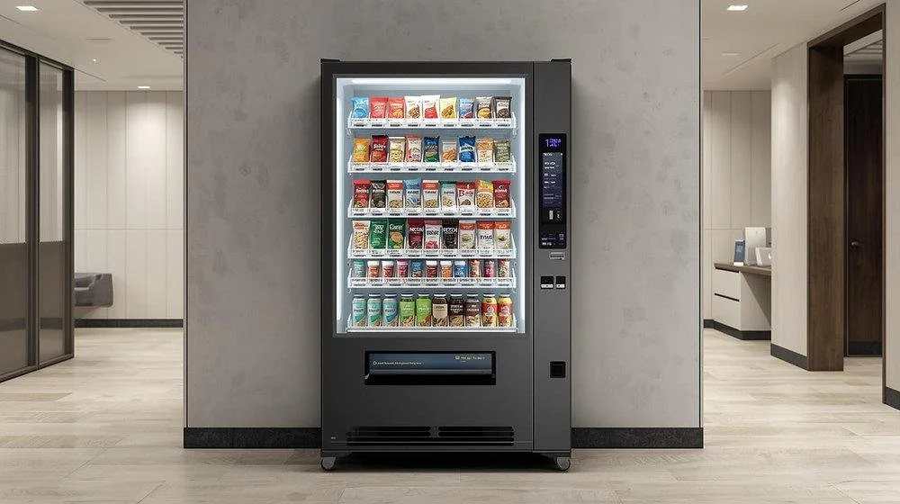Vending machine filled with snacks and drinks inside a modern building.