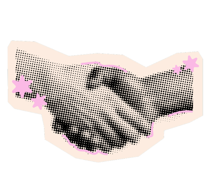 A halftone illustration of two hands shaking, surrounded by pink stars and a pink outline, set against a black background.