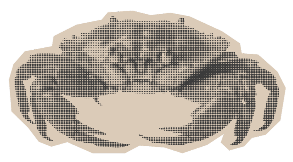 Black and white halftone illustration of an open lobster in a shell.