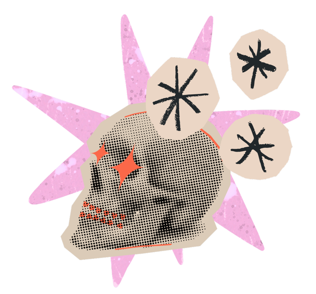 A stylized graphic of a human skull with a sparkling eye patch, placed against a pink starburst background, and surrounded by three circular symbols with star-like designs that resemble stylized snowflakes or asterisks.