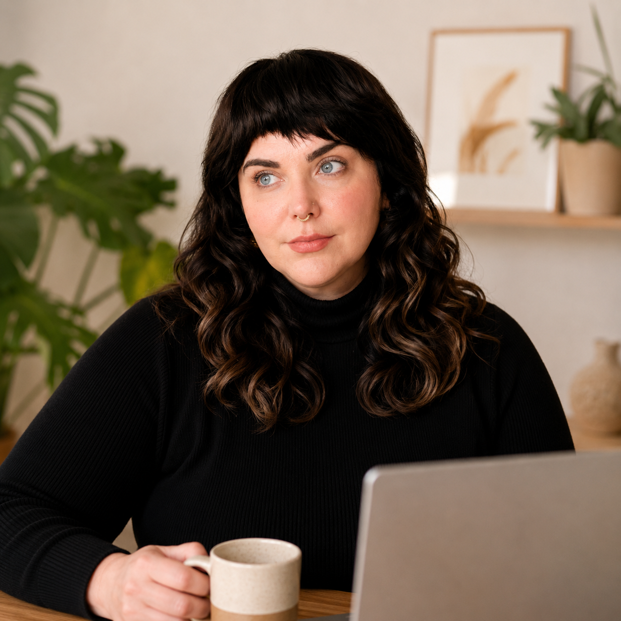A woman with dark hair, blue eyes, and a septum piercing wearing a black turtleneck, sitting at a desk with a laptop, holding a coffee mug in her left hand, in a room with plants and framed artwork on a beige wall.