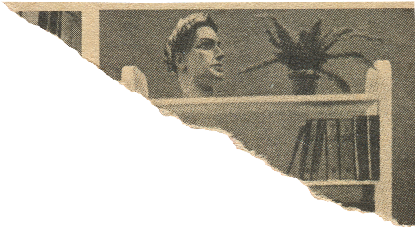 A vintage black and white photo of a woman with short hair, looking to the side, with a bird perched on a plant on a shelf behind her. The photo appears torn in the bottom left corner.