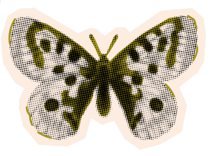 A butterfly with symmetrical wings featuring black and green spots and patterns on a beige background.