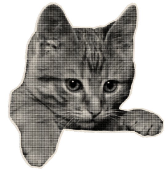 Black and white image of a cat's face and front paw, with a pixelated effect and outline.