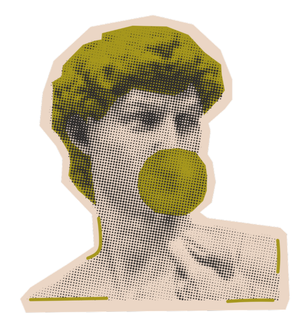 A digital illustration of a woman with short hair, holding a large yellow-green ball in front of her mouth.