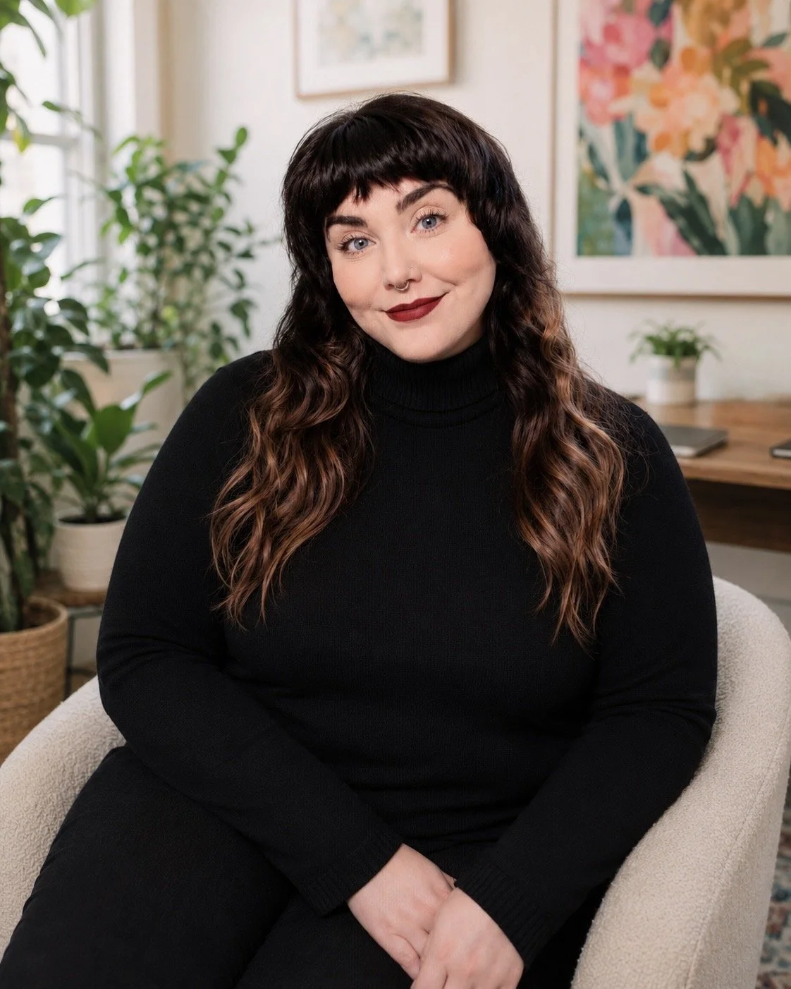 A woman with dark brown hair and a nose piercing sitting in a beige armchair, smiling at the camera, with a background of potted plants and colorful artwork.