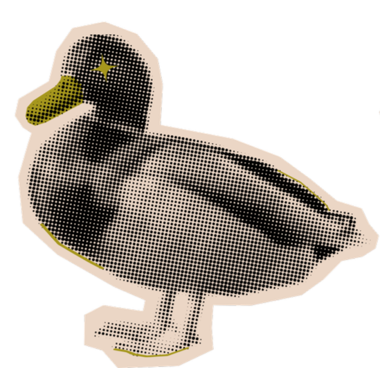 A pixelated illustration of a duck with a star on its head, using black, white, and yellow colors, on a black background.