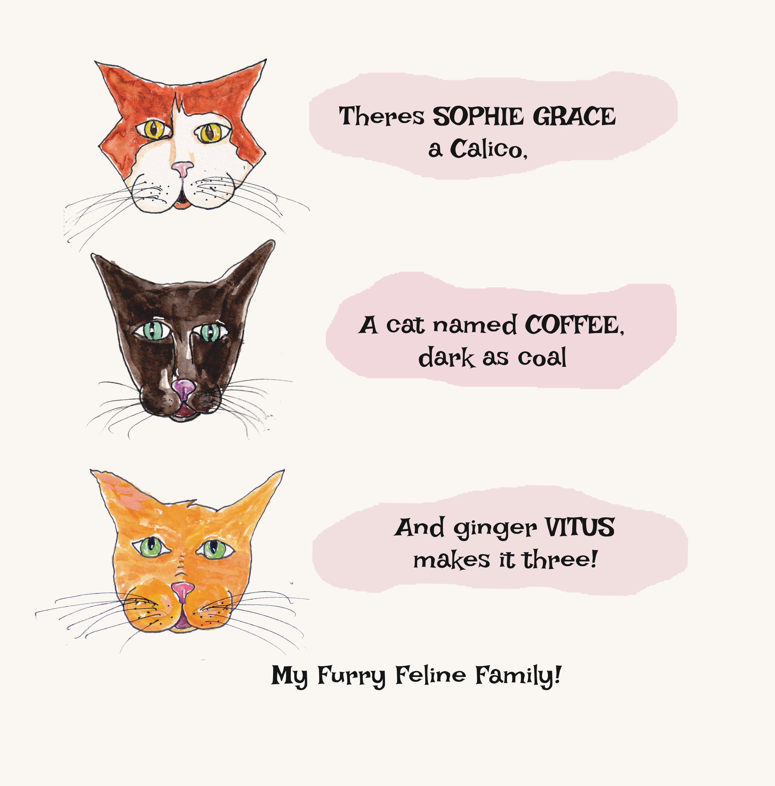 Illustrated cats with accompanying playful text about their names and personalities, part of a feline family theme.