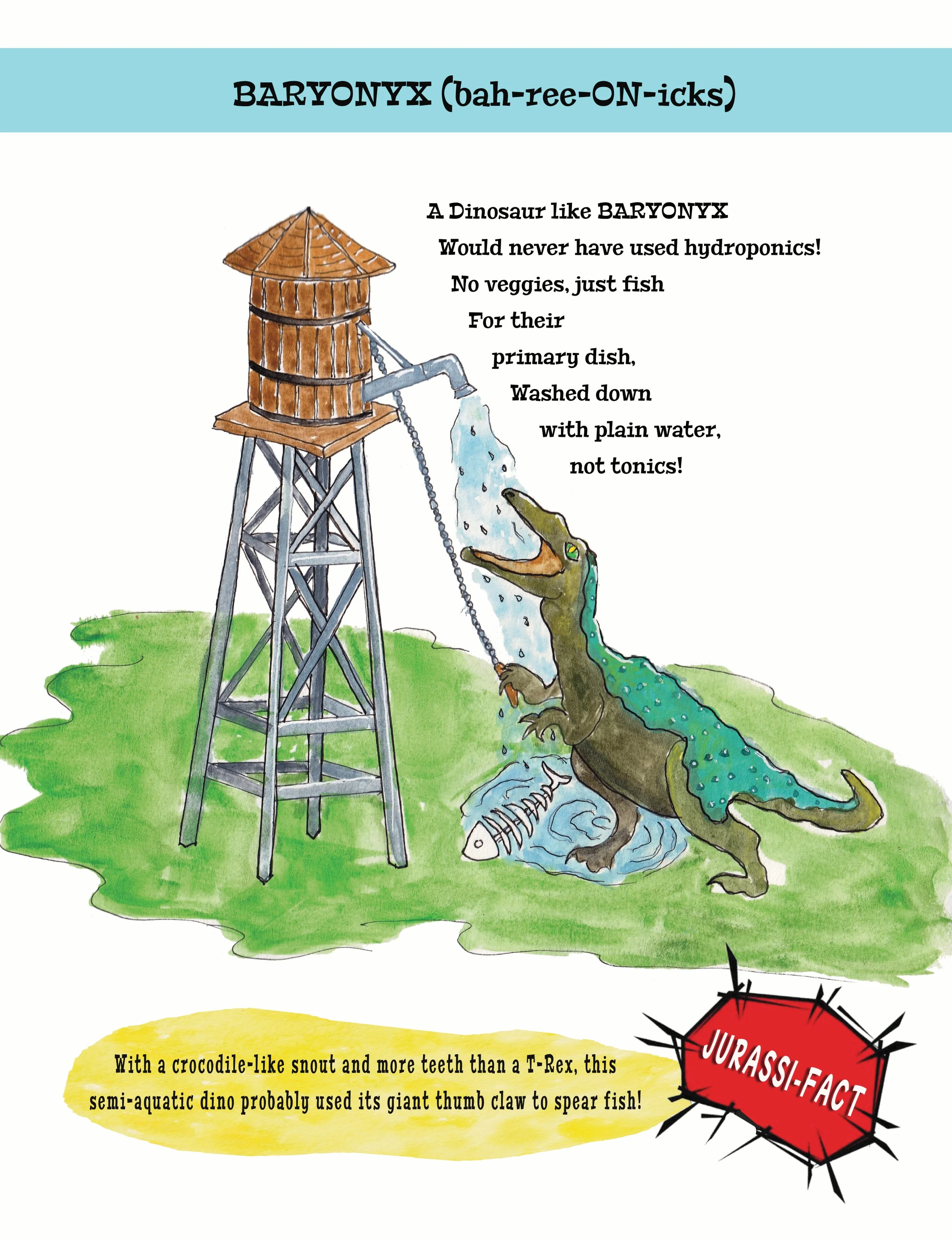 A cartoon illustration of a water tower with a crocodile-like snout and sharp teeth, blowing water from its mouth into a fish skeleton, with colorful text and a red badge labeled 'Jurassic Fact' in the corner.