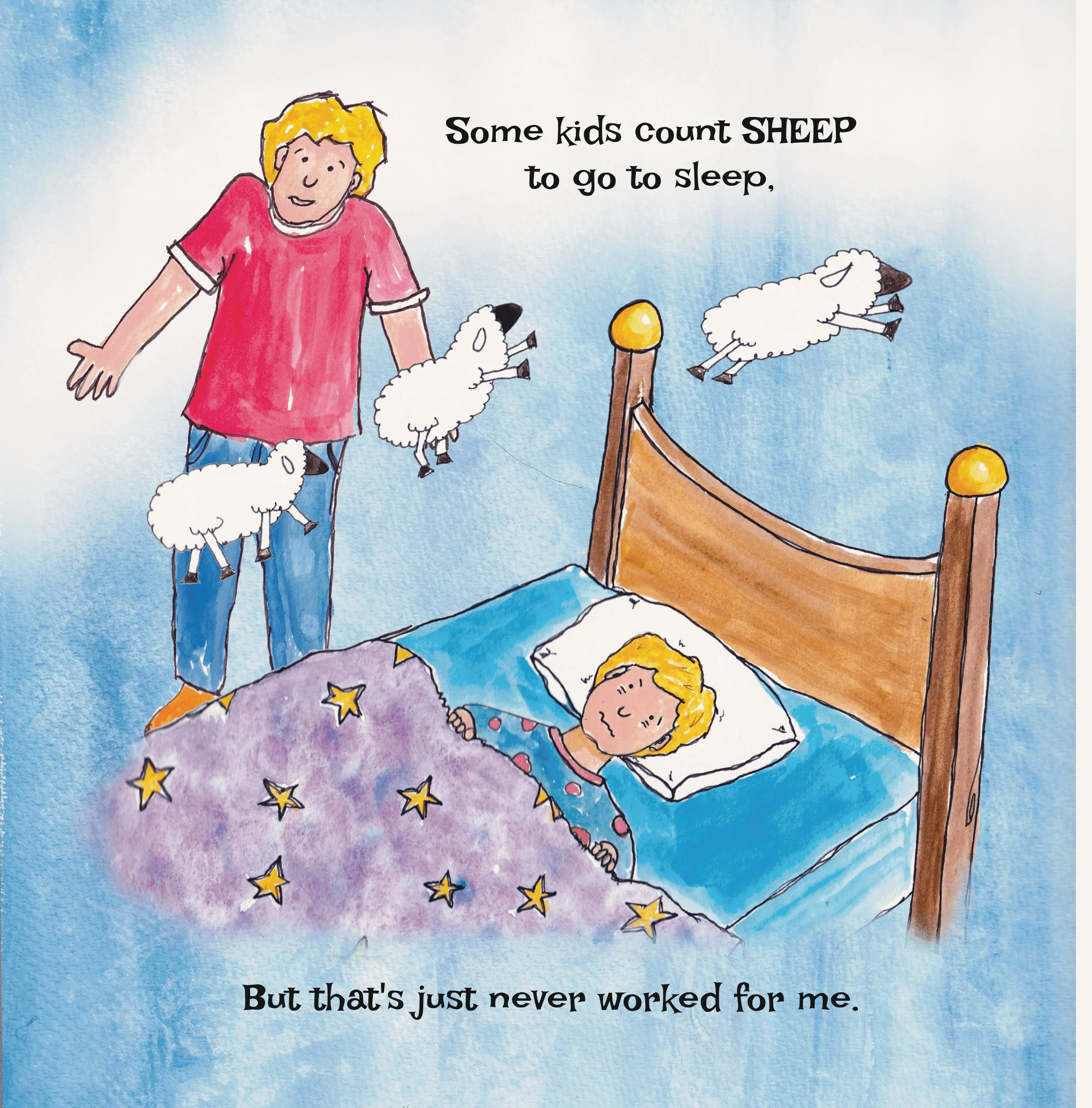 Illustration of a child with blonde hair sleeping in bed under a starry purple blanket, with a smiling child standing beside a fence of sheep, and a quote that reads, 'Some kids count sheep to go to sleep, but that's just never worked for me.'