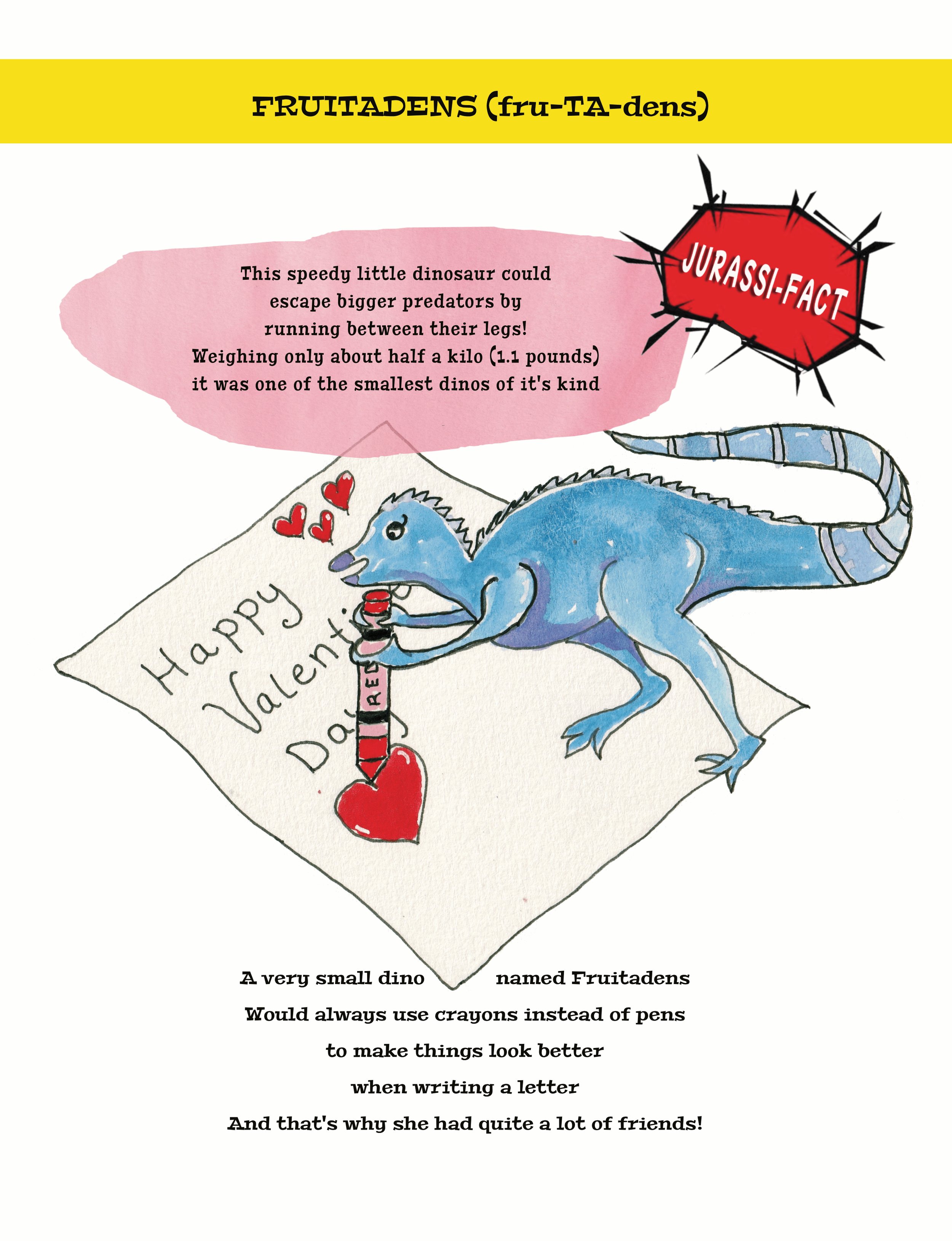 Hand-drawn illustration of a small blue dinosaur named Fruitadens holding a red crayon, coloring a Valentine's Day card with a red heart, surrounded by hand-written text and a pink speech bubble explaining that Fruitadens is a tiny dinosaur that pref