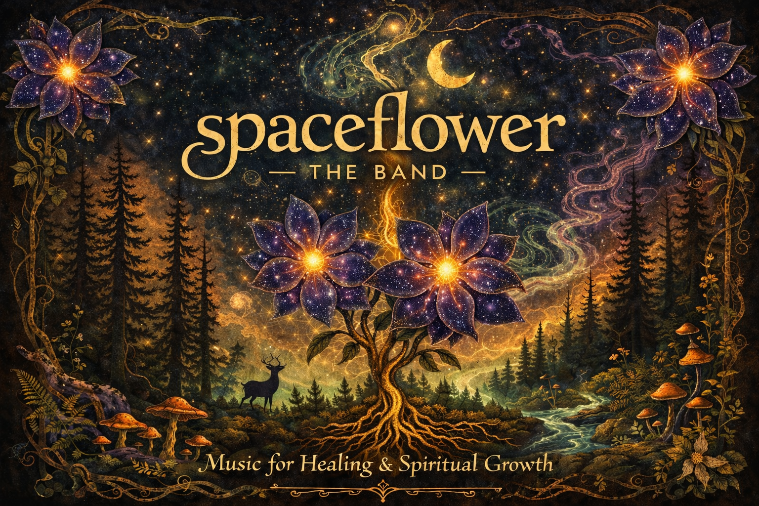 An artistic, magical forest scene with glowing flowers that have starry patterns and lights, a deer silhouette, tall pine trees, a flowing stream, and celestial elements like a crescent moon and swirling cosmic dust. The text reads: 'Spaceflower The Band' and 'Music for Healing & Spiritual Growth'.