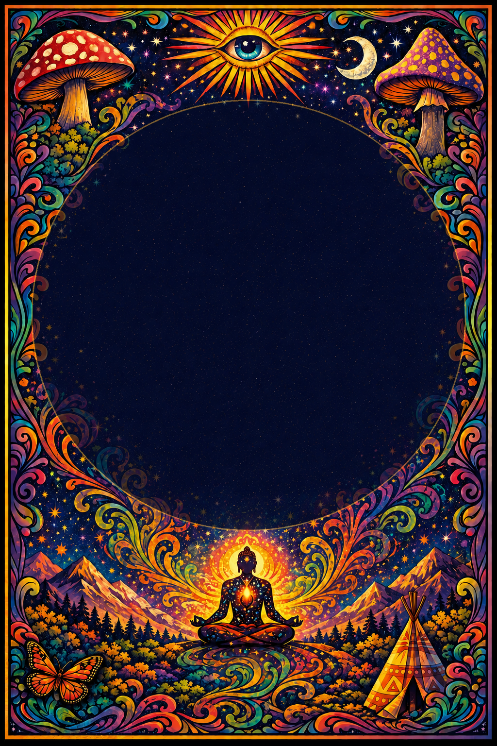 Ornate colorful poster art with red mushrooms, an eye in the sun, swirling foliage, mountains, and a meditating figure