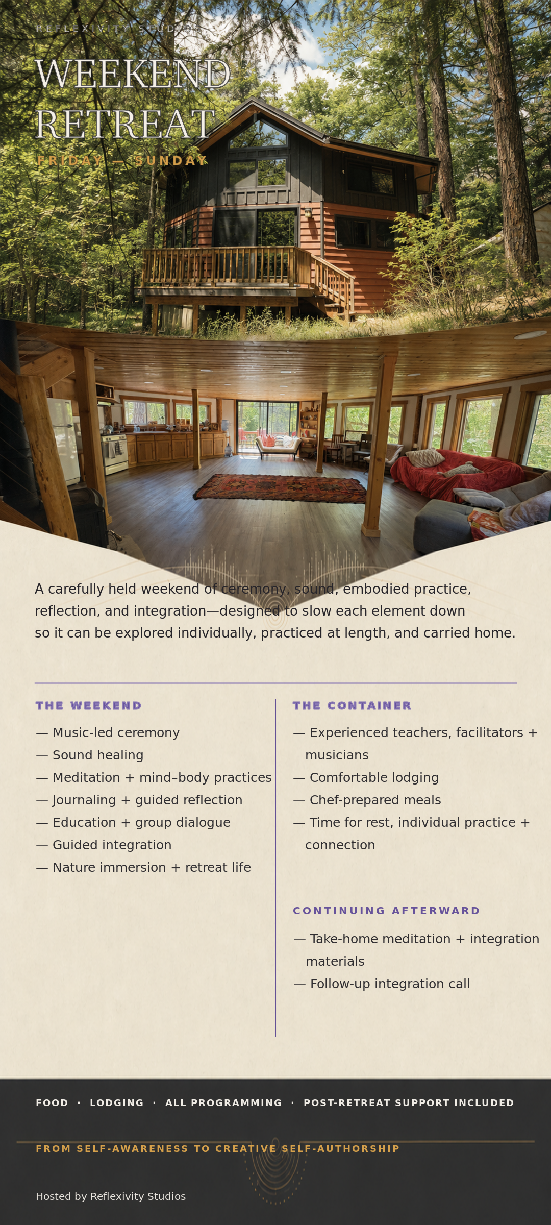 An advertisement for a weekend retreat showing a two-story cabin surrounded by trees in the outdoors at the top, and a cozy, well-lit interior with large windows, wooden furniture, and sofas at the bottom.