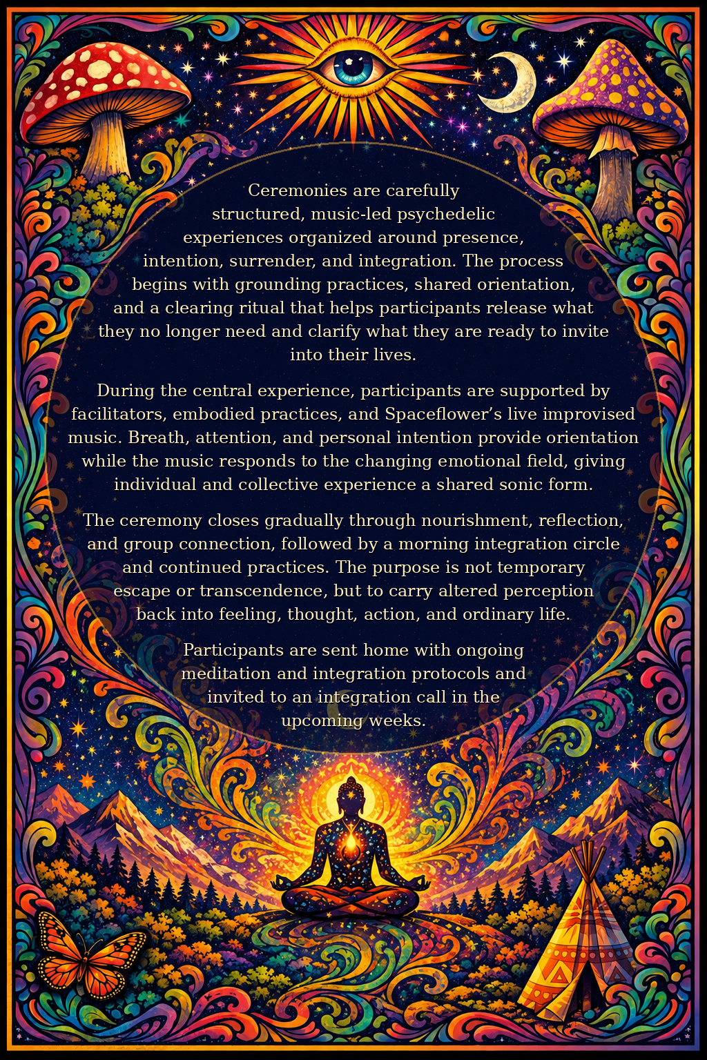 Colorful psychedelic poster with mushrooms, mountains, and a meditating figure, featuring a large eye, moon, stars, and swirling patterns surrounding text about a psychedelic ceremony.