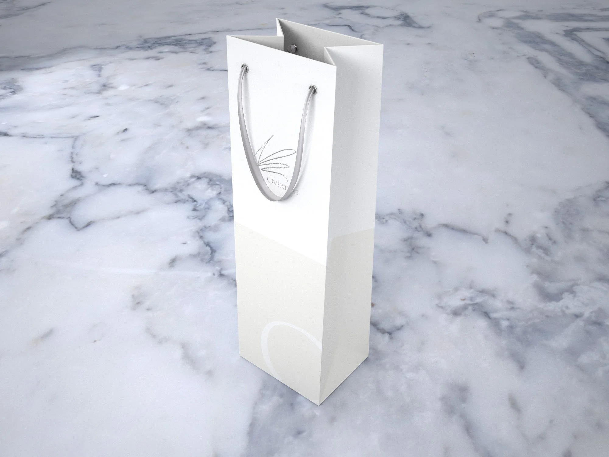 A white gift bag with silver handles and a minimalist design, placed on a marble surface.