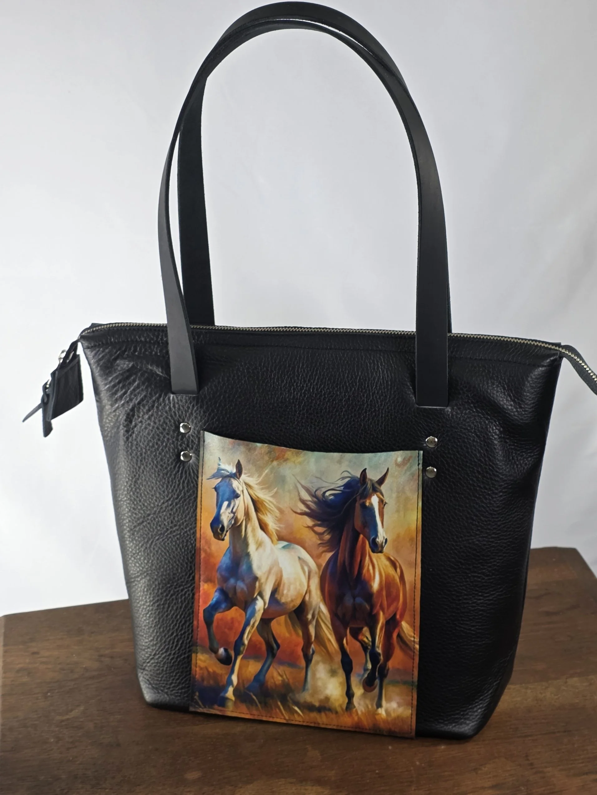 Leather Tote with Printed Horses