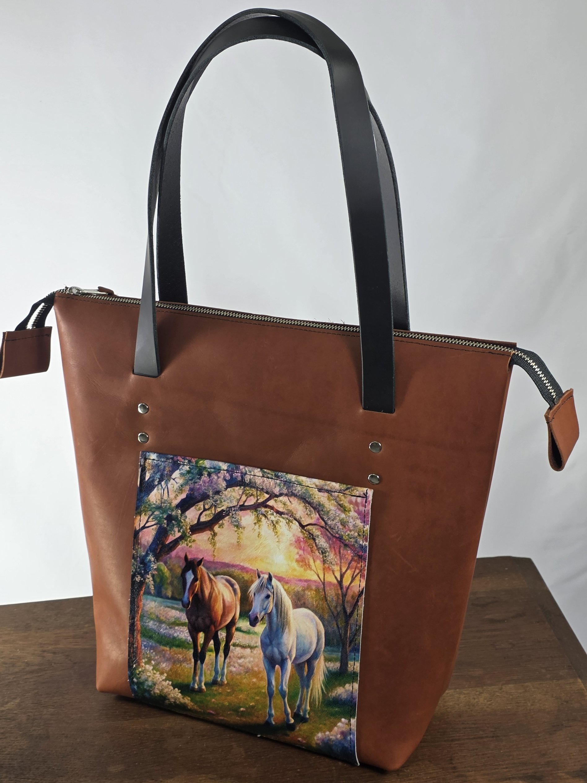 Leather Tote with Printed Horses Under Tree