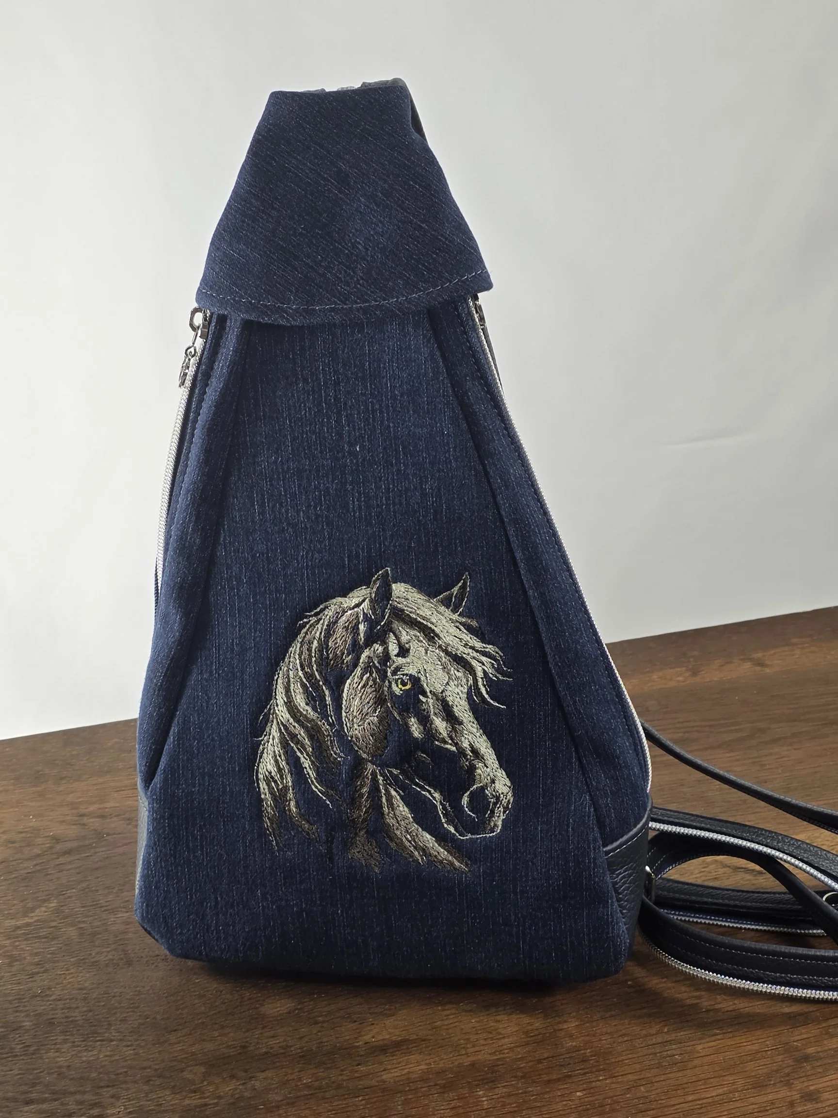 Kerry Sling Bag, Denim and Leather with Embroidery